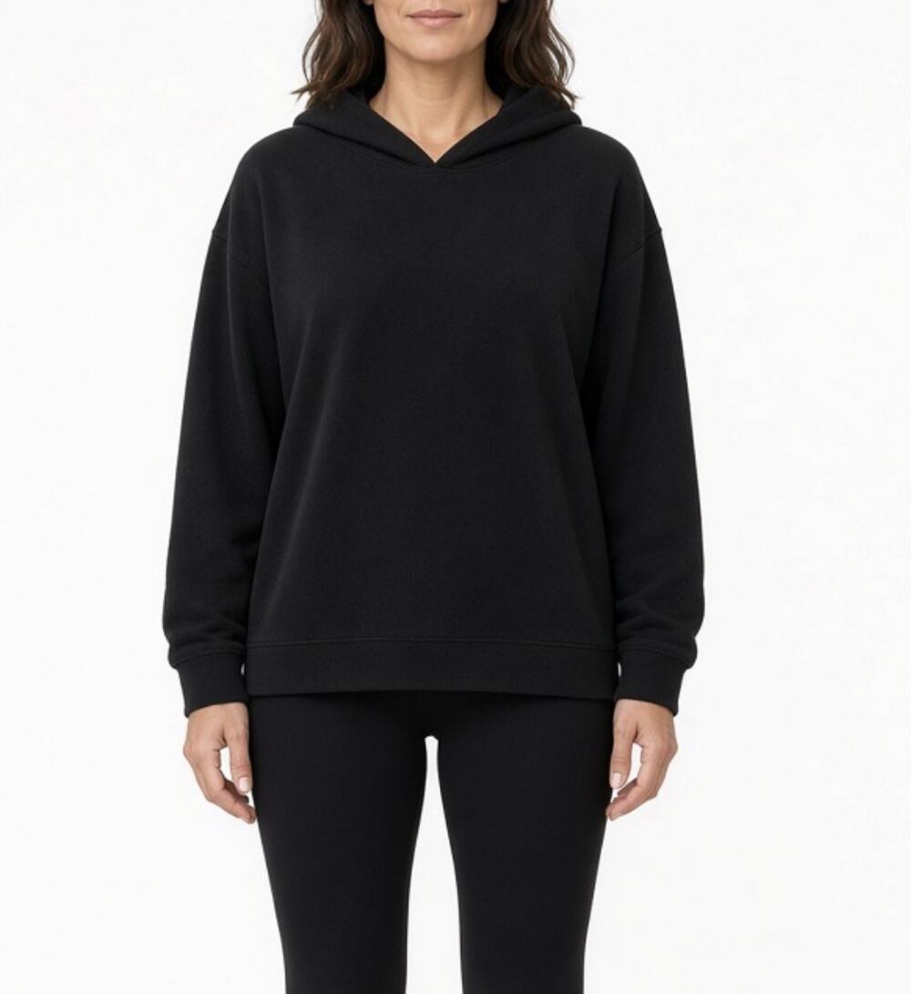 Eileen Fisher Black Tencel Cotton Boxy Fleece Hooded Sweatshirt Activewear S